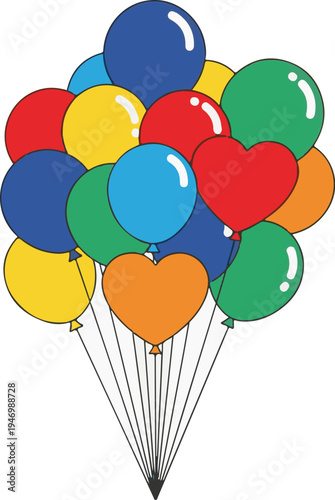 A colorful bunch of balloons floating in the air with heart shapes