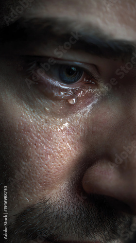 Crying man close up portrait with tear on face, emotional pain, sadness and mental health concept