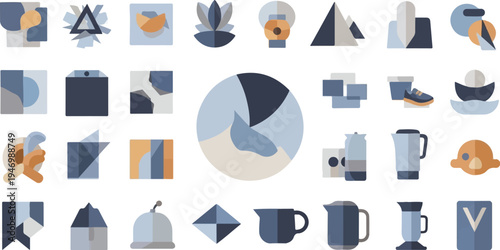Collection of abstract geometric shapes and everyday object icons