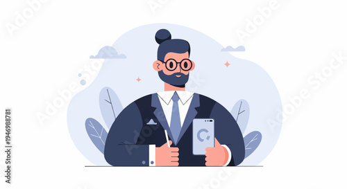 Bearded man in suit with bun hairstyle holds smartphone and pen