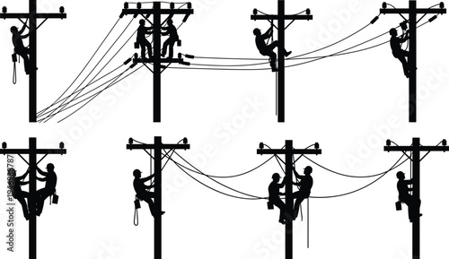 Silhouette utility workers climbing poles, electrical line maintenance, communication infrastructure repair, dangerous job safety harness, teamwork essential, power grid service illustration vector