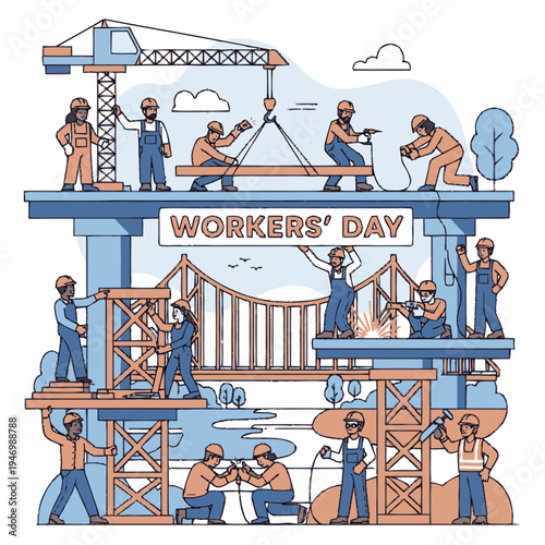 Workers' Day illustration with construction workers.