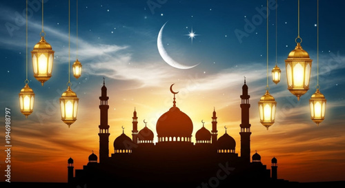 Ramadan background with mosque silhouette at sunset crescent moon and lanterns