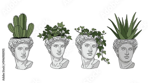 Unique collection of ancient Greek and Roman statue busts repurposed as elegant planters for various plants like cactus, ivy, and aloe.