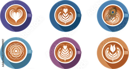 Creative Latte Art Coffee Cup Collection with Heart, Flower, and Peacock Designs, Ideal for Coffee Lovers, Café Branding, and Drink Illustrations