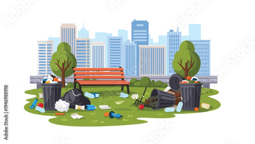 Neglected park scene filled with excessive litter and overflowing trash cans, starkly contrasted by a backdrop of modern city buildings.