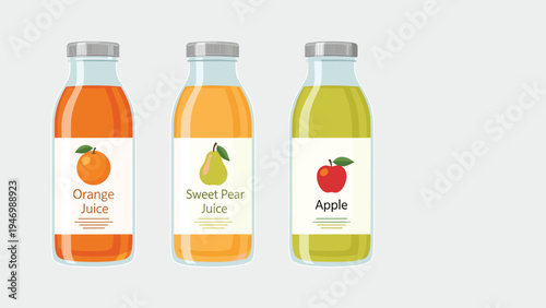 Three refreshing glass bottles of fruit juice, featuring orange, sweet pear, and apple flavors, with attractive labels for healthy beverages.