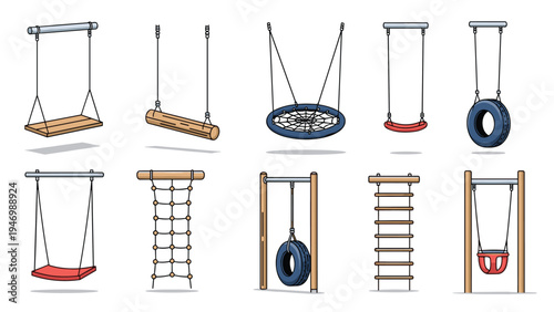 Extensive collection of diverse playground swings and climbing structures, including wooden swings, tire swings, and rope nets for children's fun.