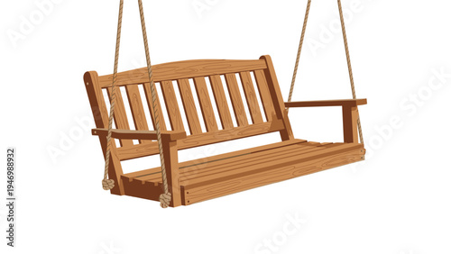 Classic wooden porch swing, gently hanging from sturdy ropes, inviting relaxation and comfort on a peaceful outdoor patio.