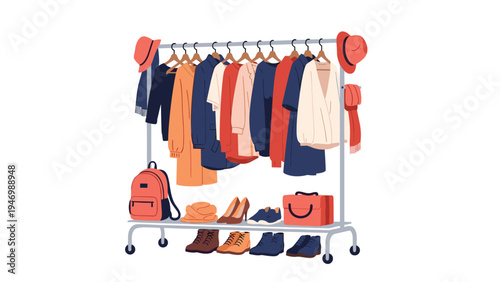 Stylish clothes rack displaying a diverse range of seasonal garments, shoes, and accessories, perfect for a retail store or personal closet.