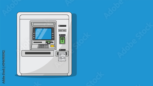 Modern ATM machine dispensing cash and a receipt, ready for transactions, set against a solid blue background, symbolizing banking services.