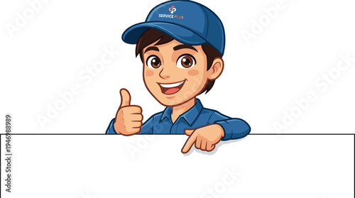 Service worker cartoon illustration, thumbs up character, uniform and cap graphics, business promotion mascot, blank sign space, blue outfit