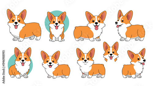Adorable collection of cute Pembroke Welsh Corgi dog illustrations in various playful poses, showcasing the breed's charm and cheerfulness.