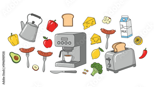 Delicious flat lay arrangement of various breakfast and brunch items, featuring a coffee machine, toaster, kettle, and an assortment of fresh food.