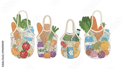 Four eco-friendly reusable mesh shopping bags filled with a vibrant assortment of fresh groceries, including fruits, vegetables, bread, and milk.