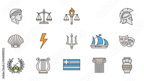 Extensive collection of ancient Greek and mythology-themed icons, featuring a statue head, scales, helmet, trident, ship, masks, and a Greek flag.