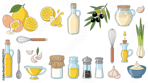 Comprehensive collection of fresh ingredients and tools for preparing delicious homemade mayonnaise and various healthy salad dressings.