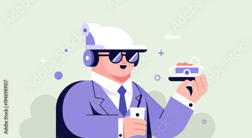 Stylized character in suit with headphones and glasses holding a tray