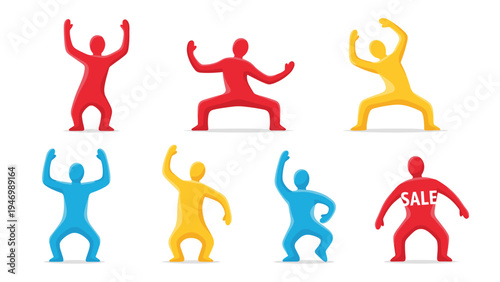 Vibrant set of stylized human figures in dynamic poses, with one figure prominently featuring the word "SALE," symbolizing commercial promotions.