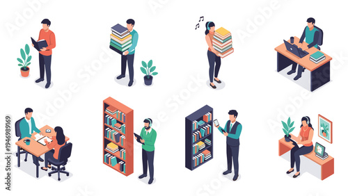 Isometric set of people engaged in diverse reading and studying activities, including holding books, using laptops, and working in a library.