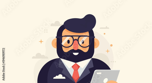 Stylized bearded man in suit with glasses holds a tablet