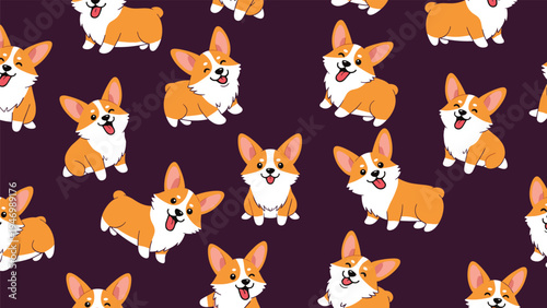 Charming seamless pattern featuring multiple cute Pembroke Welsh Corgi dogs in various playful poses, set against a dark purple background.