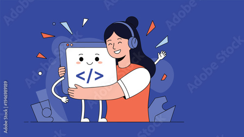 Happy woman with headphones affectionately hugging a cheerful cartoon character representing code, symbolizing passion for programming and technology.