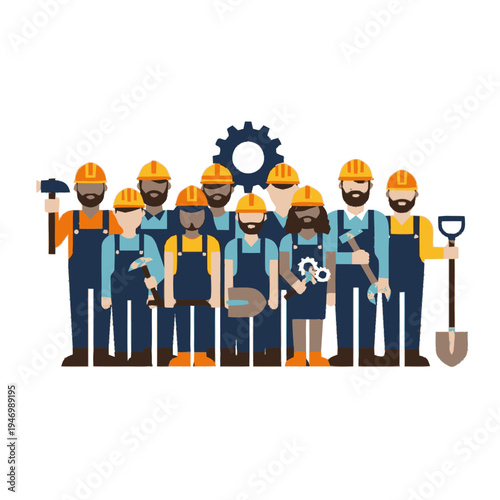 A diverse group of construction workers standing together.