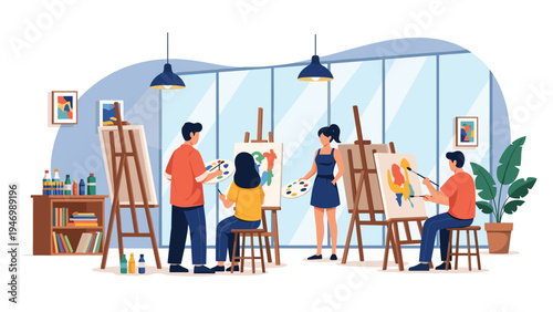 Group of diverse artists enthusiastically engaged in painting on easels during an art class or workshop in a brightly lit studio with large windows.