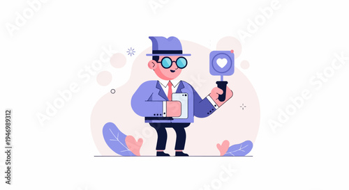 Cartoon businessman in suit and hat holds phone and selfie stick with heart