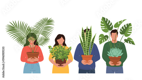 Group of diverse individuals, each holding a different type of potted houseplant, showcasing a love for indoor gardening and greenery.