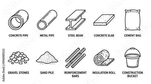 A clean line art illustration displays a collection of essential construction materials and tools, including pipes, beams, sand, and a bucket.