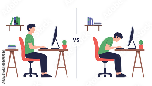 Visual comparison illustrating the difference between correct and incorrect posture while sitting at a computer desk, emphasizing ergonomics for health.
