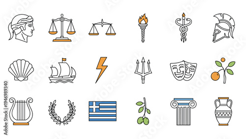 Diverse set of line art icons representing ancient Greek culture and mythology, including historical figures, symbols, artifacts, and architectural elements.