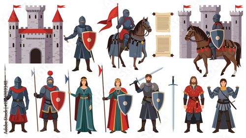 Comprehensive set of medieval characters, including knights, kings, and queens in full armor and regal attire, alongside detailed castle illustrations, depicting historical scenes.