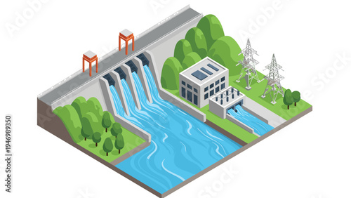 Detailed isometric illustration of a hydroelectric power plant, showcasing the dam, water flow, power generation building, and electricity transmission lines.