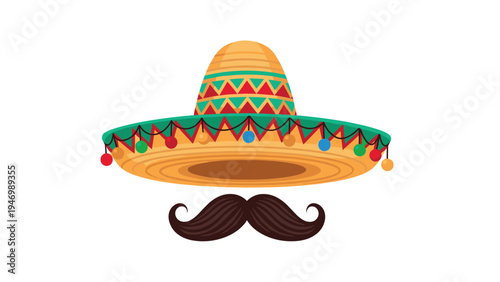 Festive Mexican sombrero hat adorned with colorful decorations, paired with a classic, styled mustache, representing traditional Mexican culture and celebration.