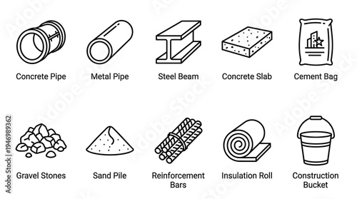 A collection of line art icons representing various construction materials, including pipes, steel beams, concrete, sand, gravel, and tools, ideal for architectural and industry-related projects.