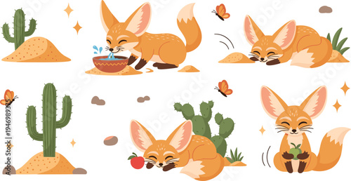 Cute Fennec Fox Desert Life Vector Set with Cactus Sand Dunes Butterflies and Adorable Fox Characters in Playful Poses Isolated on White Background