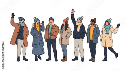 Diverse group of smiling individuals dressed in various stylish winter clothing, including hats, scarves, and coats, happily waving their hands.