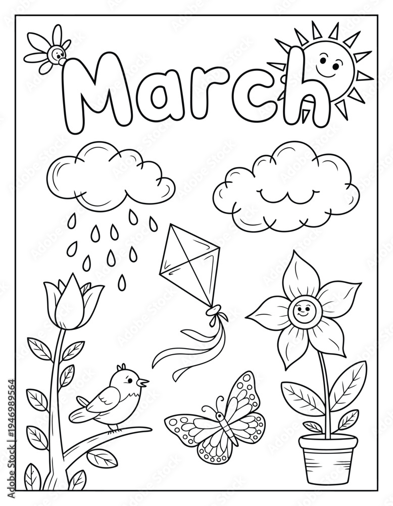Fototapeta premium March month coloring page for kids featuring cute spring characters like sun flowers and butterfly on transparent background style