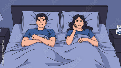 Worried couple lying awake in bed at night, both looking troubled and contemplating, possibly due to relationship issues or anxiety.