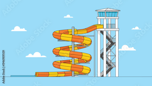 Vibrant and colorful spiral water slide with a tall support tower, an exciting attraction at a water park under a clear blue sky with white clouds.
