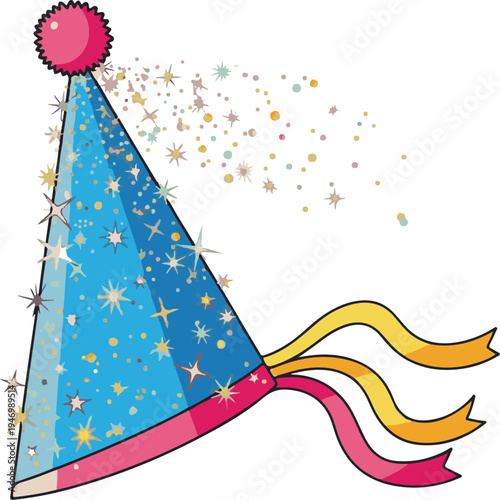 A colorful party hat with confetti and stars on a white background