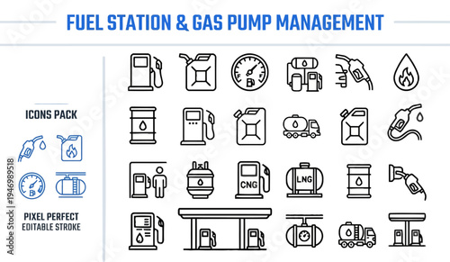 Fuel Station and Gas Pump Outline Vector Icon Set — Refueling and Energy Editable Stroke Icons for Web and App UI