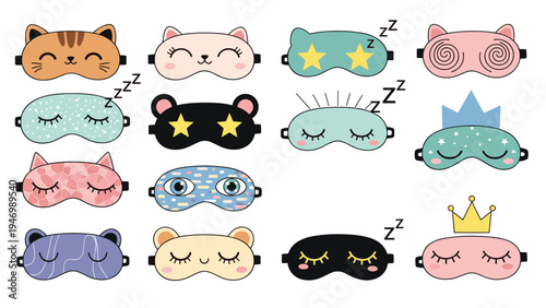 Adorable collection of various cute and creatively designed sleeping masks, featuring animal faces, patterns, and charming whimsical elements for comfort.