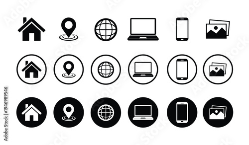 Universal contact and navigation icons: home, location pin, global web, computer, telephone, and images. Modern black and white silhouette symbols for corporate identity and web design.