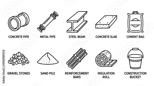A clean line art illustration displaying various construction materials like pipes, beams, cement, and tools, ideal for industry related projects.