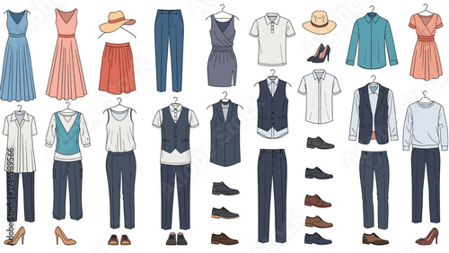 Extensive collection of men's and women's clothing, including dresses, shirts, pants, vests, hats, and shoes, suitable for both casual and formal occasions.