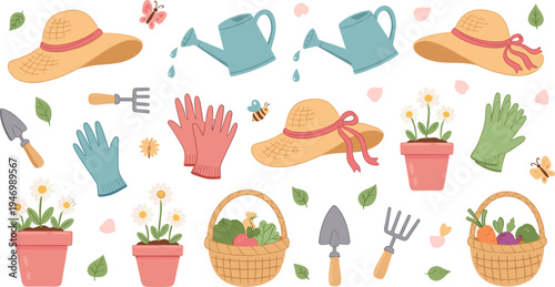 Cute Gardening Tools and Spring Garden Vector Set with Watering Cans Gloves Flower Pots Straw Hats and Vegetable Baskets Illustration